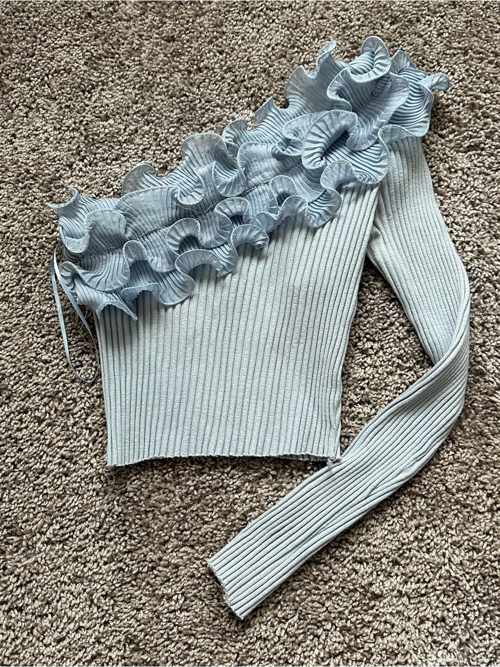 Zara Light Blue One-Shoulder Ruffle Ribbed Sweater